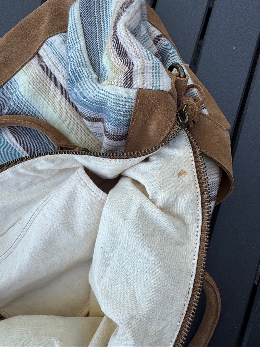 Pottery Barn Suede-Trim Striped Weekender - Tan & Pastel Stripes - Picture 15 of 15